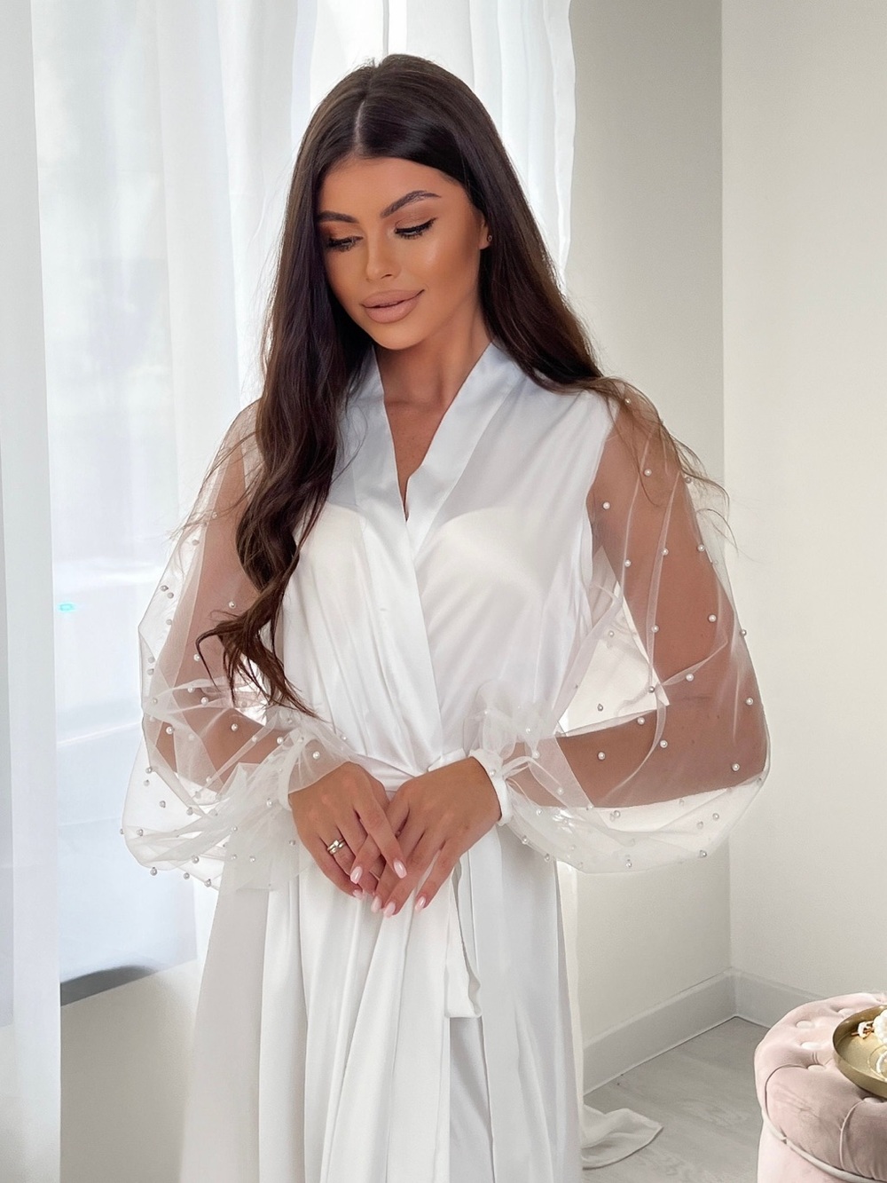 Satin Wrap Bridal Robe with Pearl-Embellished Sheer Sleeves